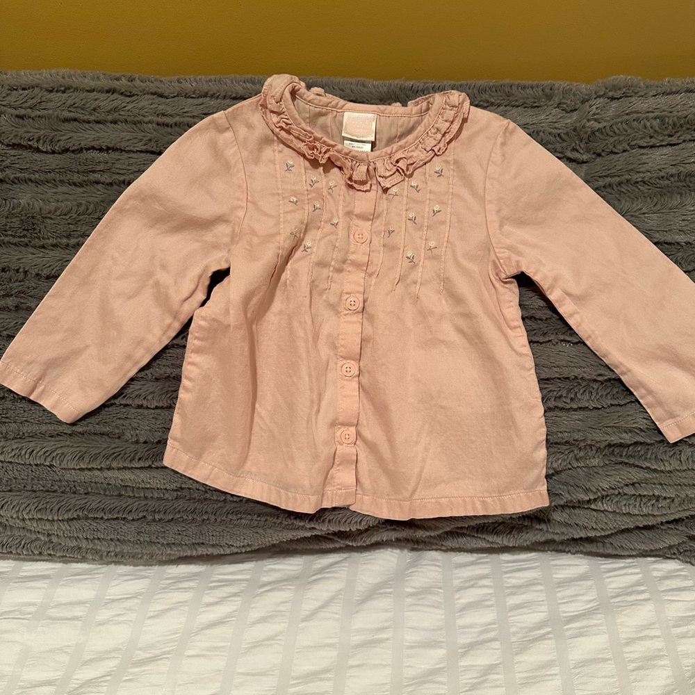 12 - 18 Month Janie and Jack long sleeve blouse Embroidered Flowers Ruffled Neck